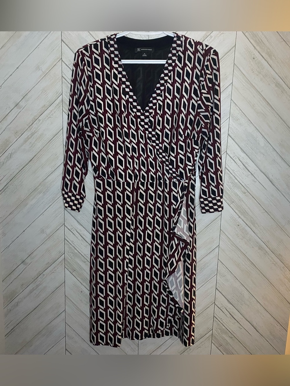 INC International Concepts Burgundy and White Geometric Wrap Midi Dress